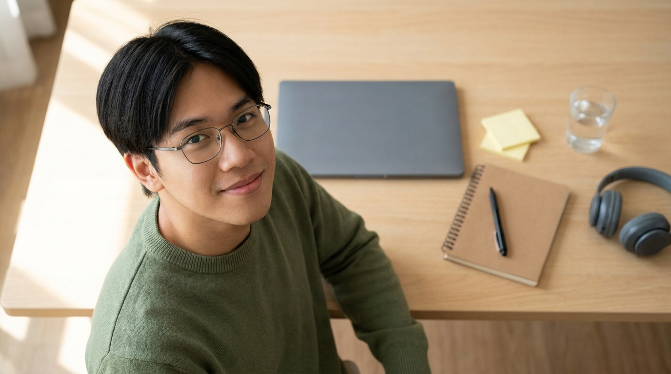 Overhead close-up of a tidy consulting workspace, a closed slate-gray laptop, a spiral notebook with a capped pen restin