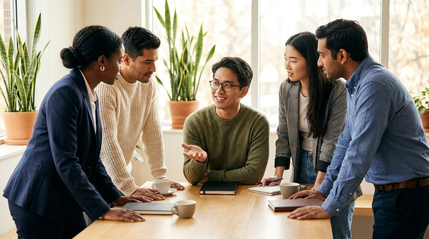 Four interns in visibly different outfits, one in a navy suit, one in a chunky knit sweater, one in a blazer with jeans,