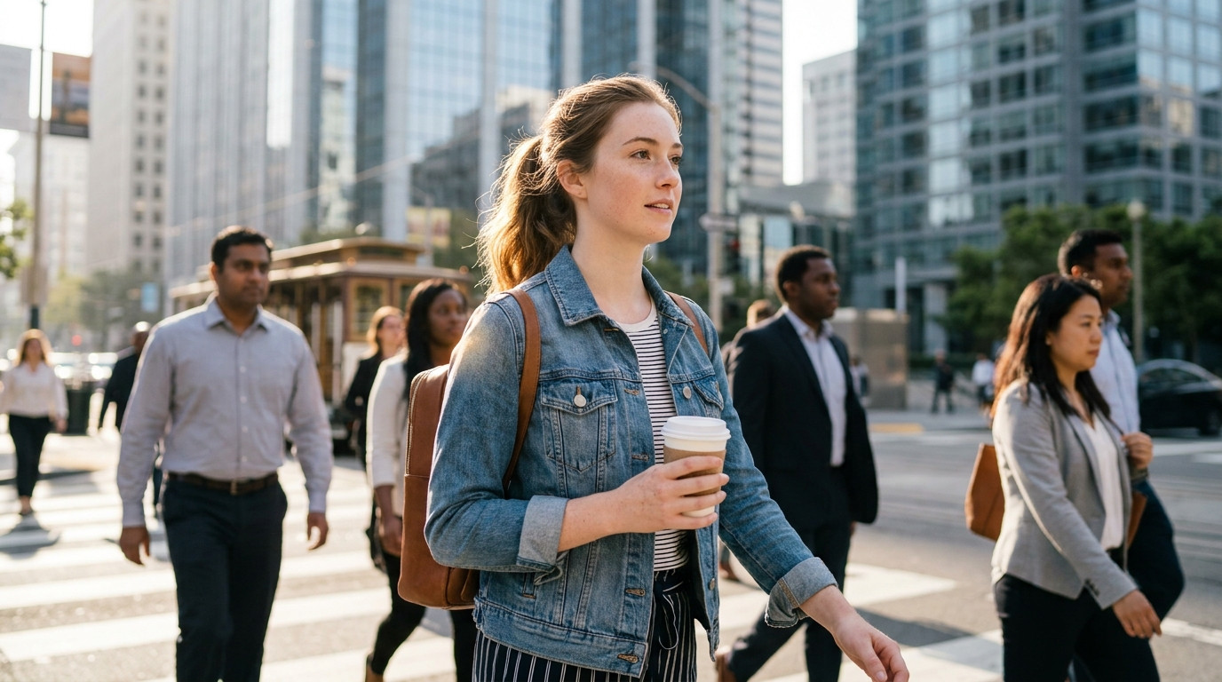 College student in a crisp button-down shirt walking briskly through San Francisco's Financial District on a summer morn
