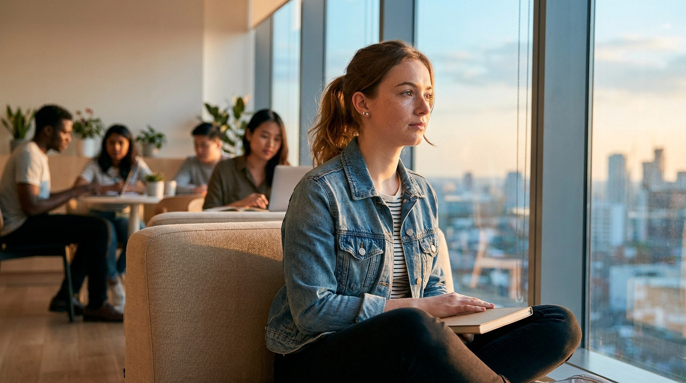 Student practicing interview answers in a minimalist co-working space at golden hour, sitting cross-legged on a modern l