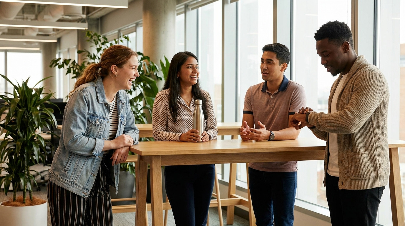 Four interns chatting around a standing-height table in a modern open-plan office, one leaning on the table edge mid-lau