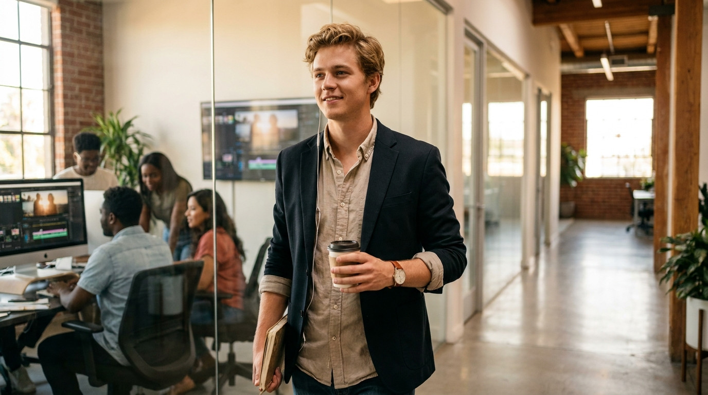 College student in a fitted blazer walking through a sunlit Burbank-style creative office corridor on a bright June morn