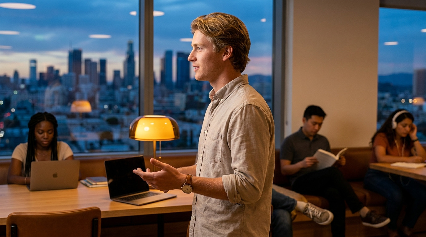 Student practicing a presentation alone in a quiet modern co-working lounge at dusk, standing by a floor-to-ceiling wind