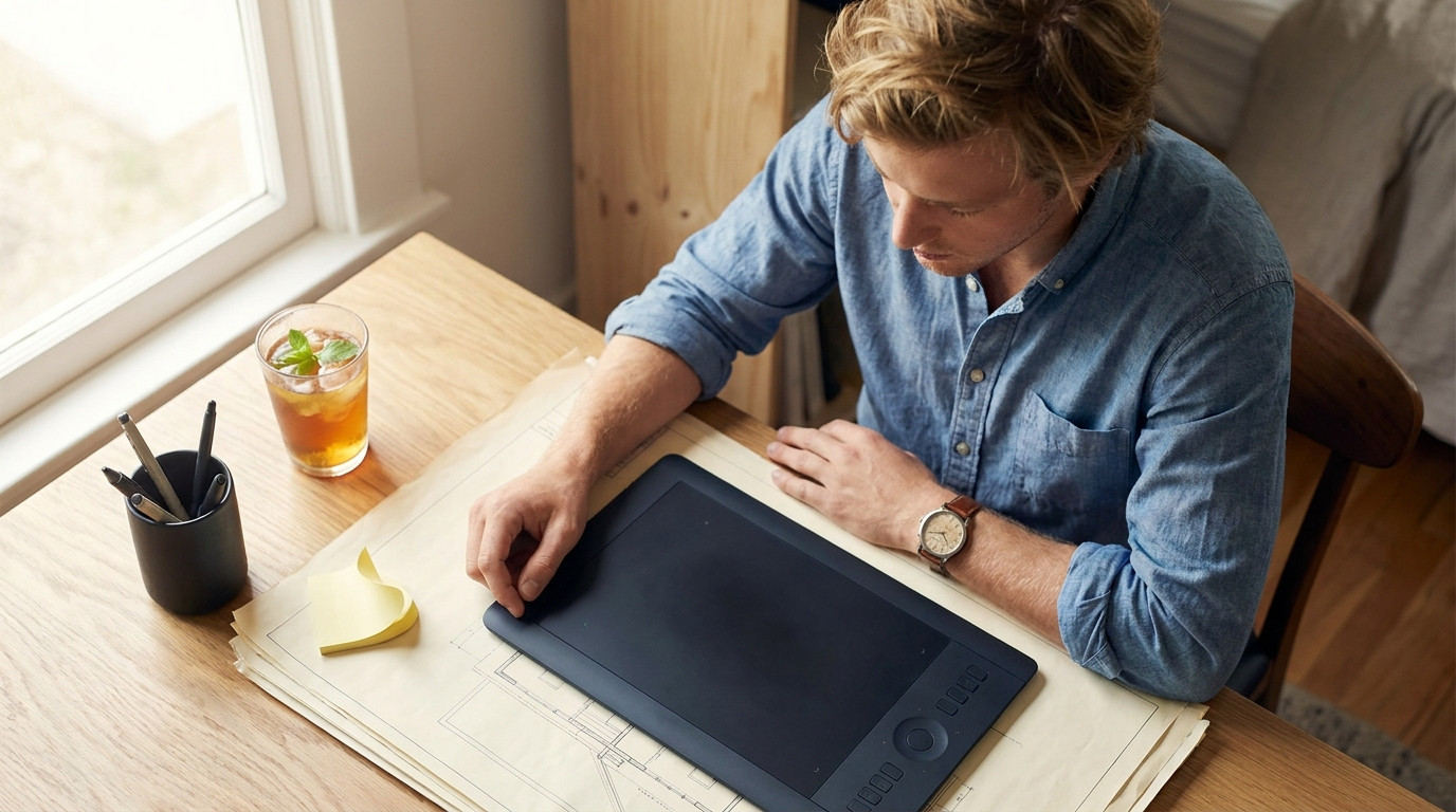 Overhead close-up of a tidy animation desk staged for a creative tech review, wireless drawing tablet resting on archite