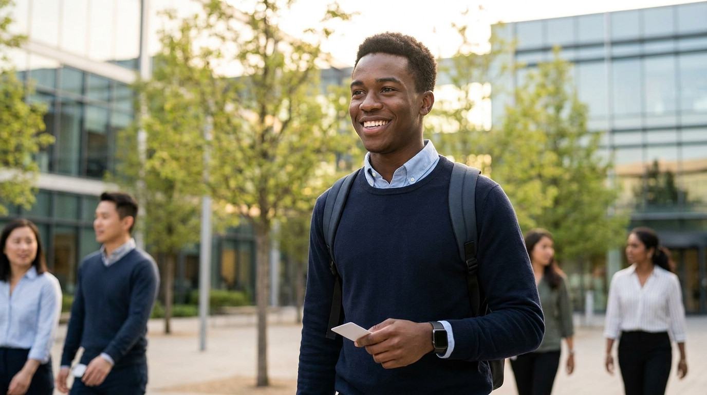 College student in a crisp button-down shirt walking through a modern corporate campus on a bright morning, glass buildi