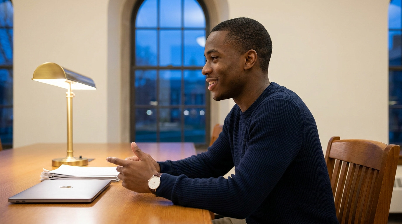 Student sitting alone in a quiet campus study room preparing for an interview, posture upright with hands mid-gesture as
