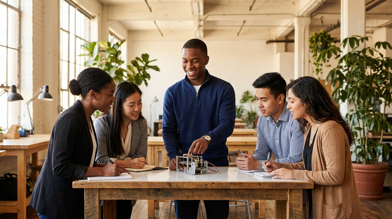 Four interns in different casual business outfits gathered around a standing whiteboard table in a bright open workshop 