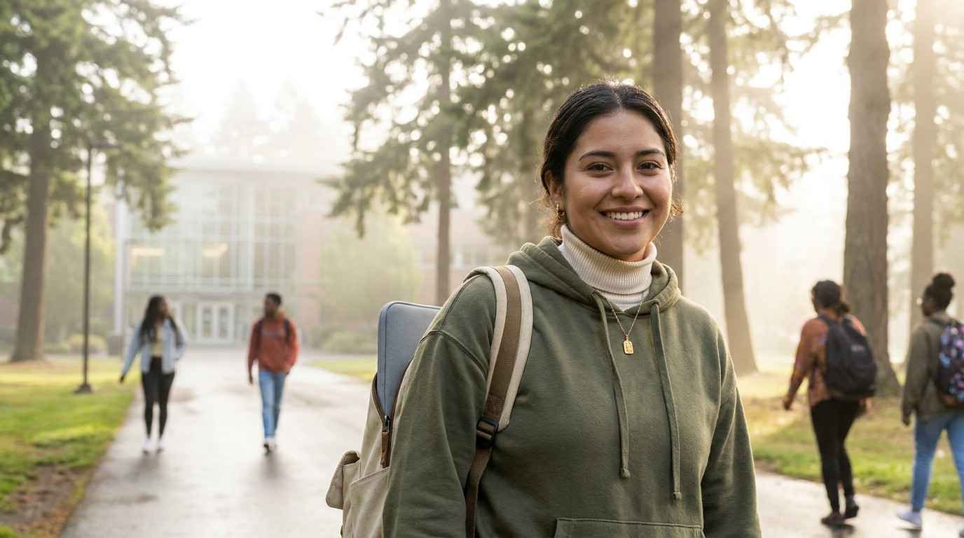 College student in a casual tech-company hoodie walking along a tree-lined path in the Pacific Northwest on a misty June