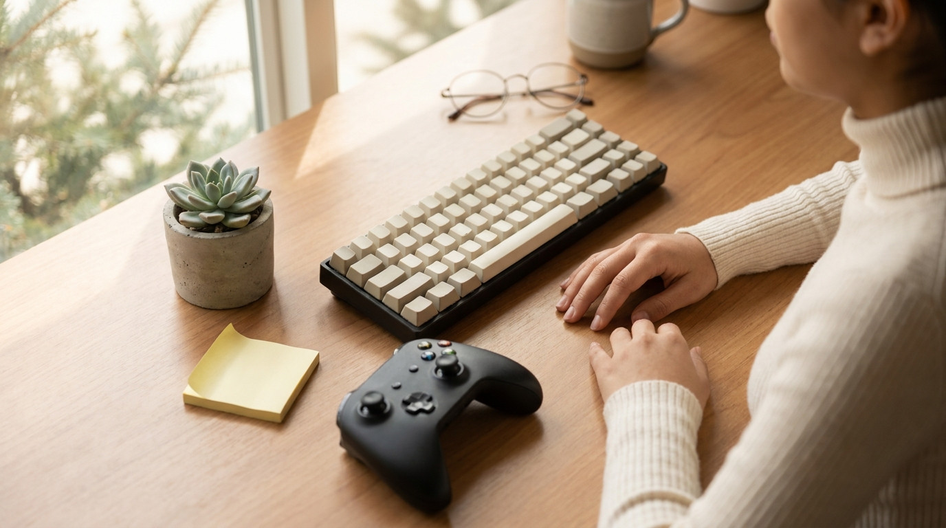 Overhead close-up of a tidy desk staged for a coding session, a mechanical keyboard with blank keycaps, a generic matte-