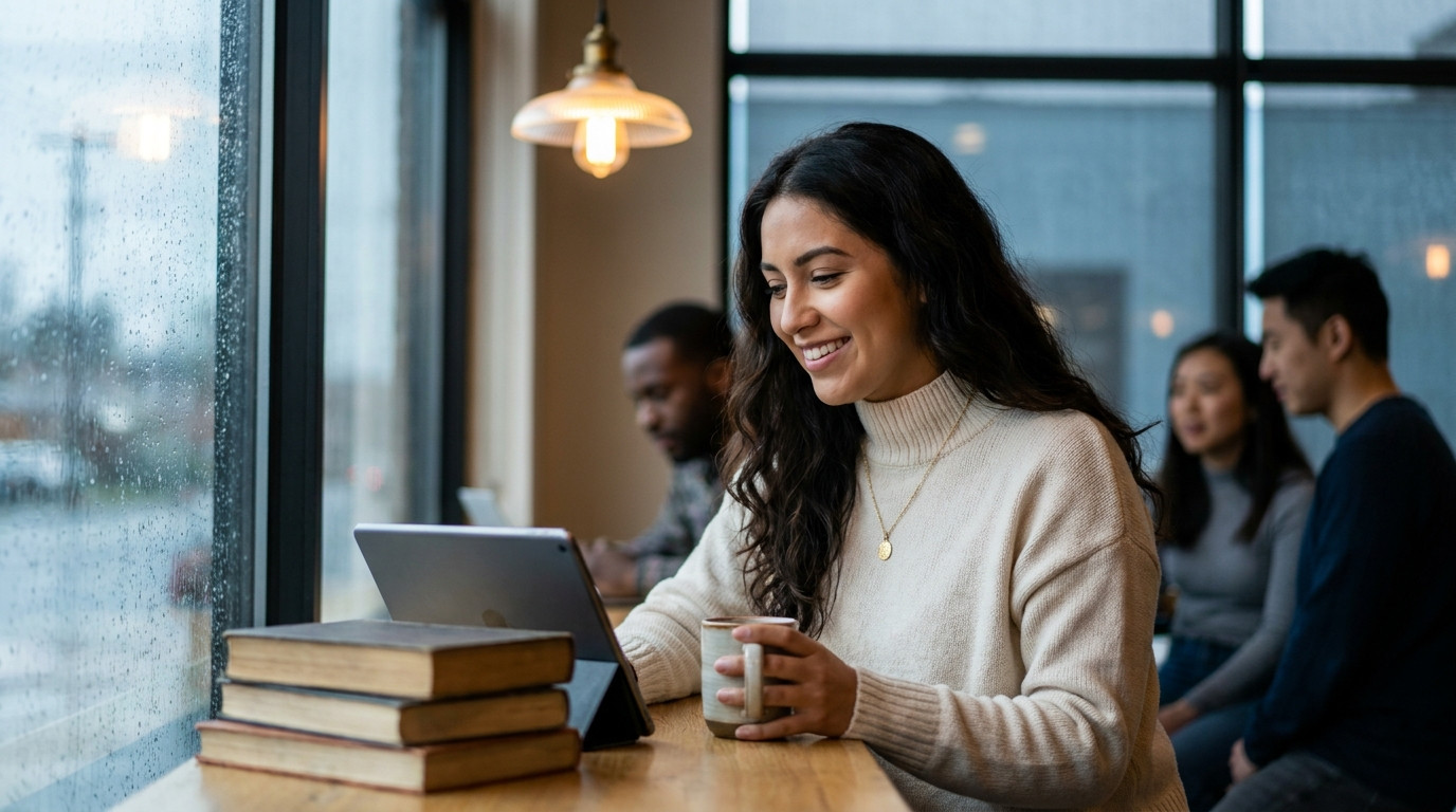 Student sitting alone in a Pacific Northwest coffee shop on a rainy afternoon, reviewing notes on a closed tablet proppe