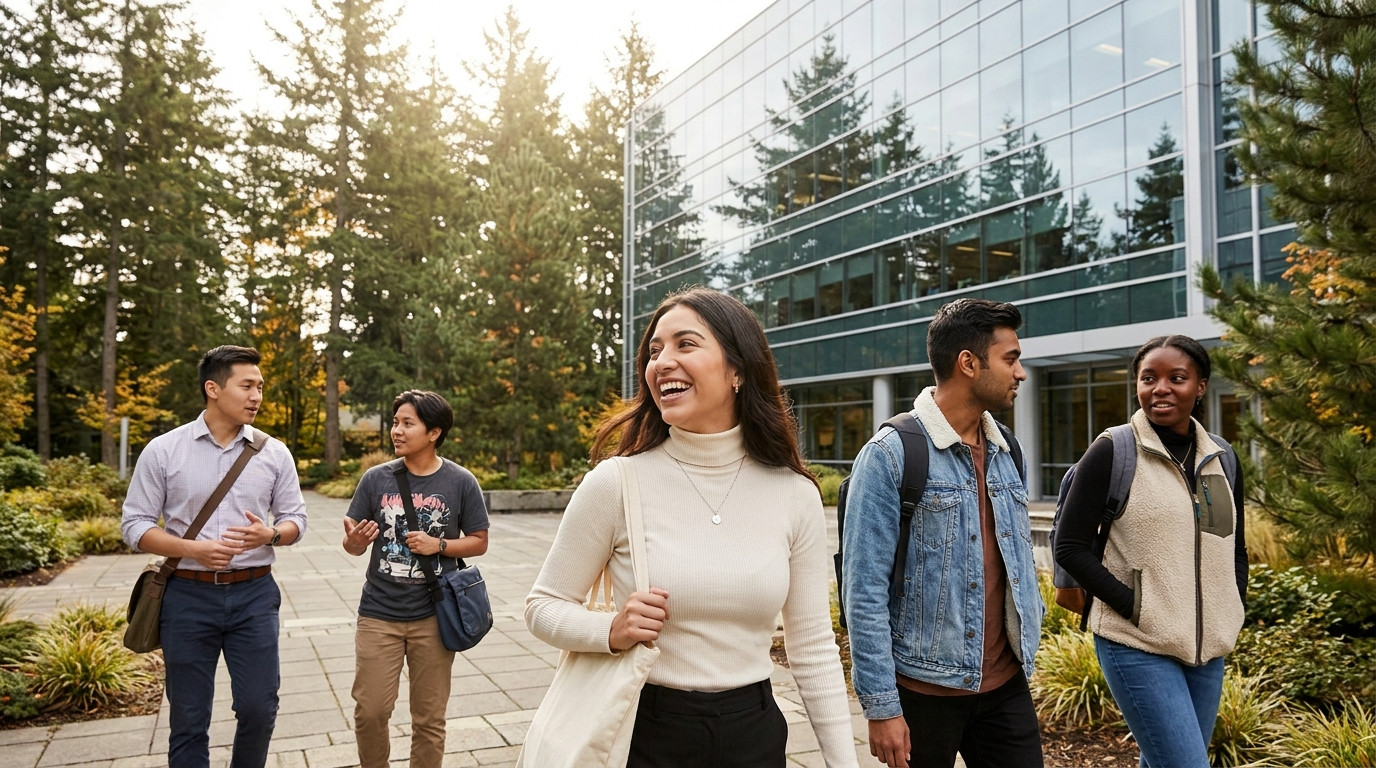 Four interns walking together through a modern corporate campus courtyard surrounded by evergreen trees, one in a denim 