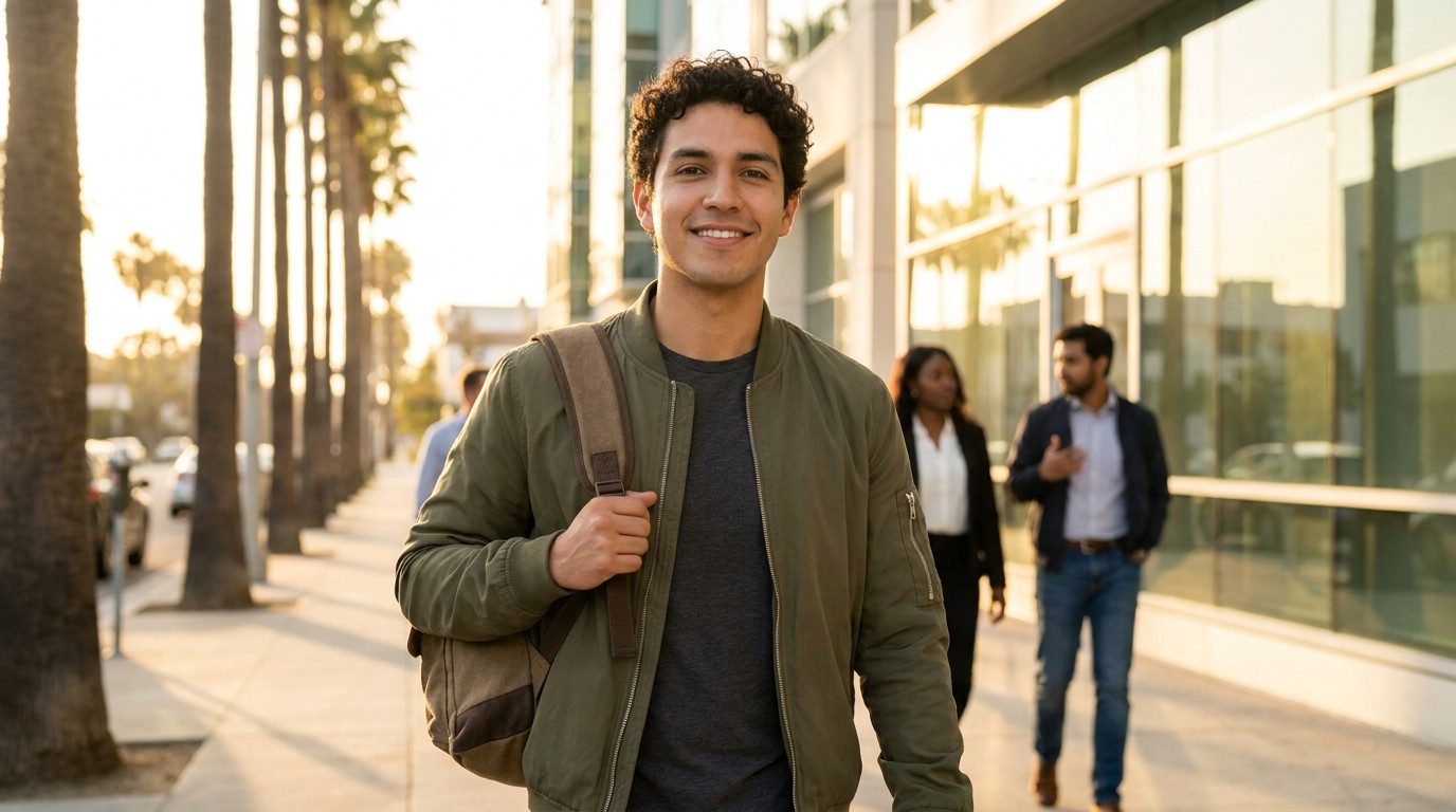 Young professional walking confidently toward a sleek glass-fronted creative office building on a sunny Los Angeles morn