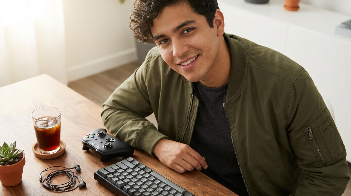 Overhead close-up of a gamer workspace prepped for a coding session, a matte-black game controller resting beside a mech