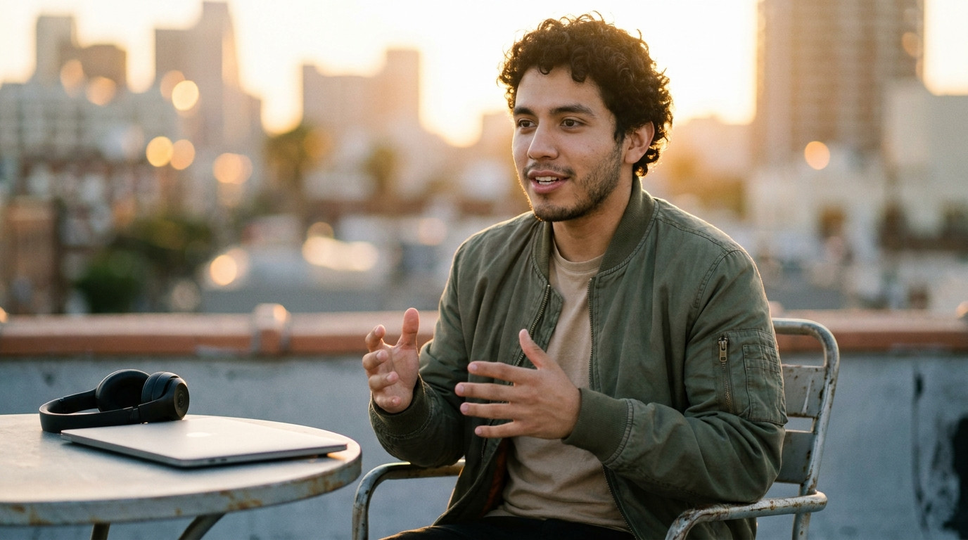 Student sitting alone on a rooftop terrace at sunset practicing interview answers aloud, city skyline blurred behind, ha
