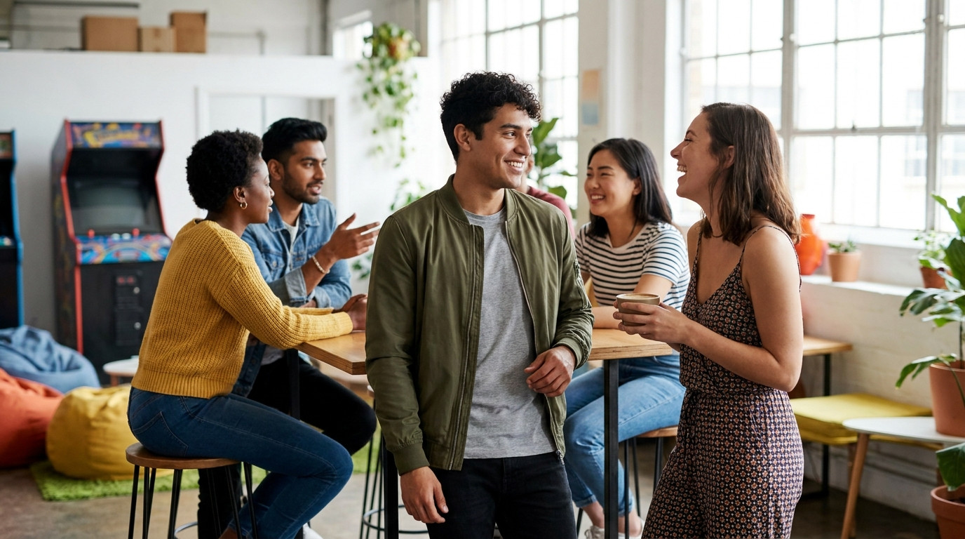 Four interns chatting animatedly around a high table in a colorful open-plan creative studio, one standing mid-laugh ges