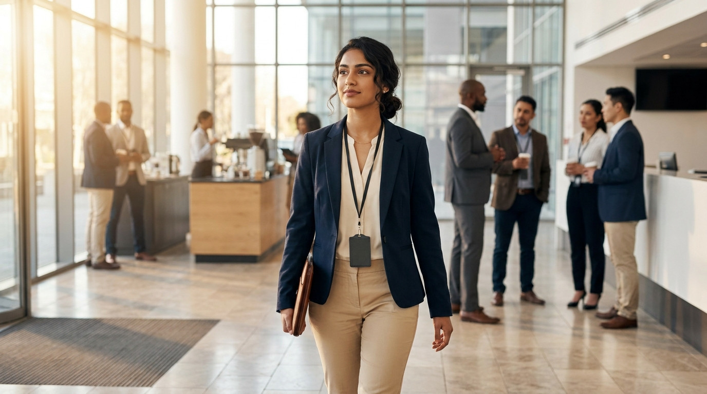 College student in a fitted navy blazer and light chinos walking confidently through a modern glass-walled office lobby 
