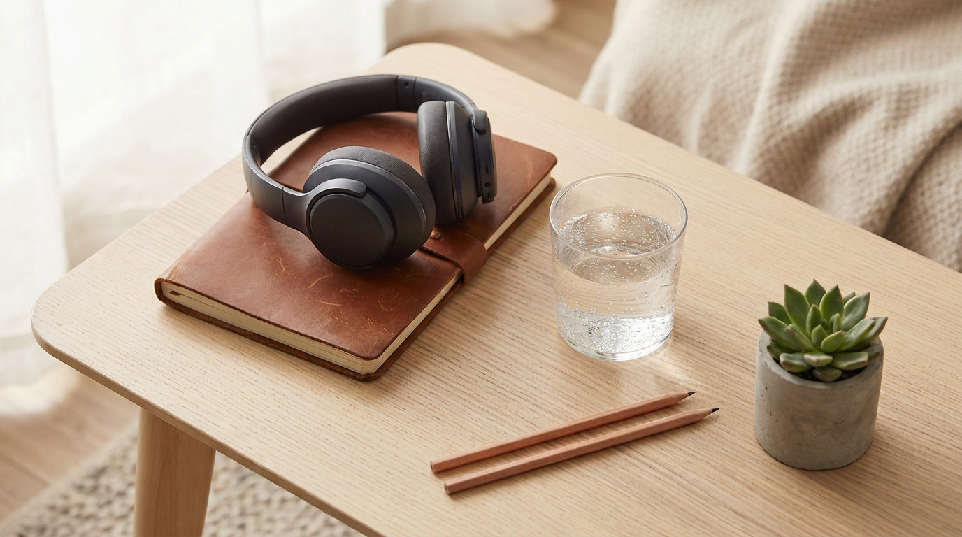 Overhead close-up of an organized workspace prepped for an online assessment, over-ear headphones resting on a closed le