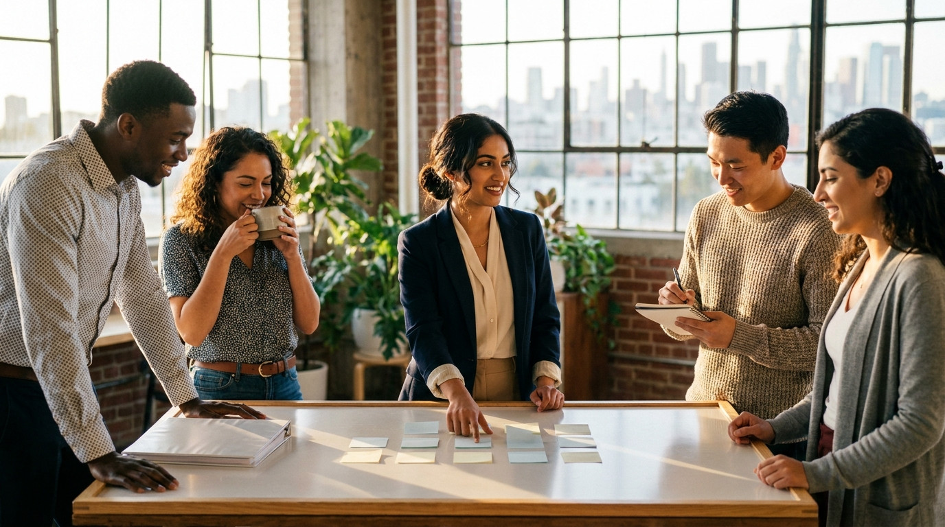 Four interns in different professional outfits gathered around a whiteboard table in a bright open-plan office, one stan