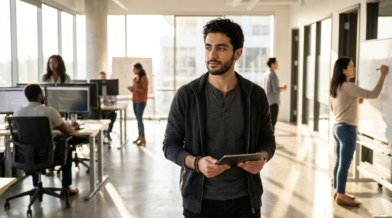 Young engineer in a dark zip-up jacket walking through a modern open-plan office with floor-to-ceiling windows, holding 
