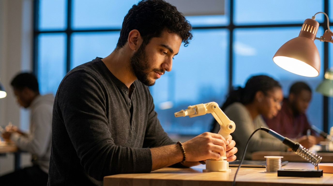 Student working alone at a standing desk in a university makerspace at dusk, hands adjusting a 3D-printed robotic arm jo