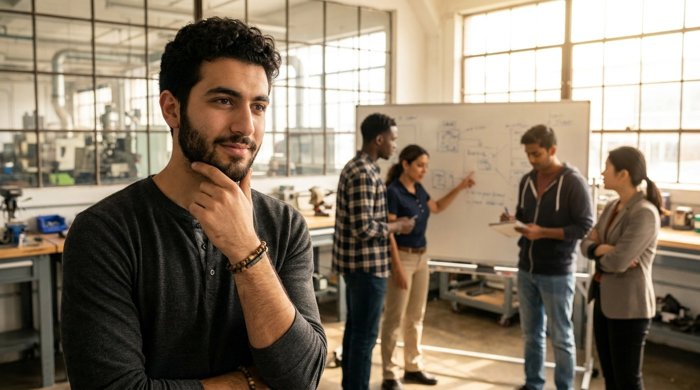 Four interns in different outfits gathered around a rolling whiteboard in a bright factory-adjacent engineering lab, one