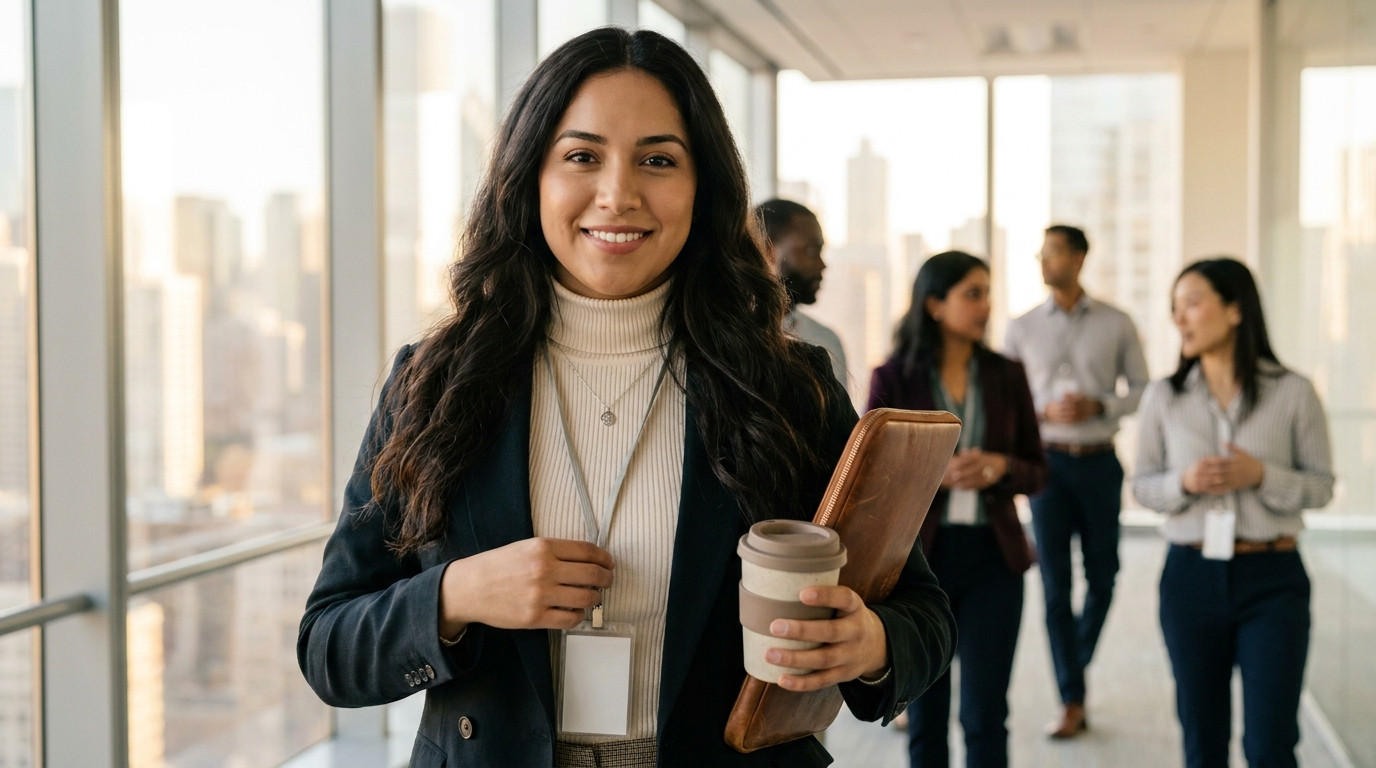 College student in a crisp button-down walking through a glass-walled office corridor in downtown Chicago, morning light