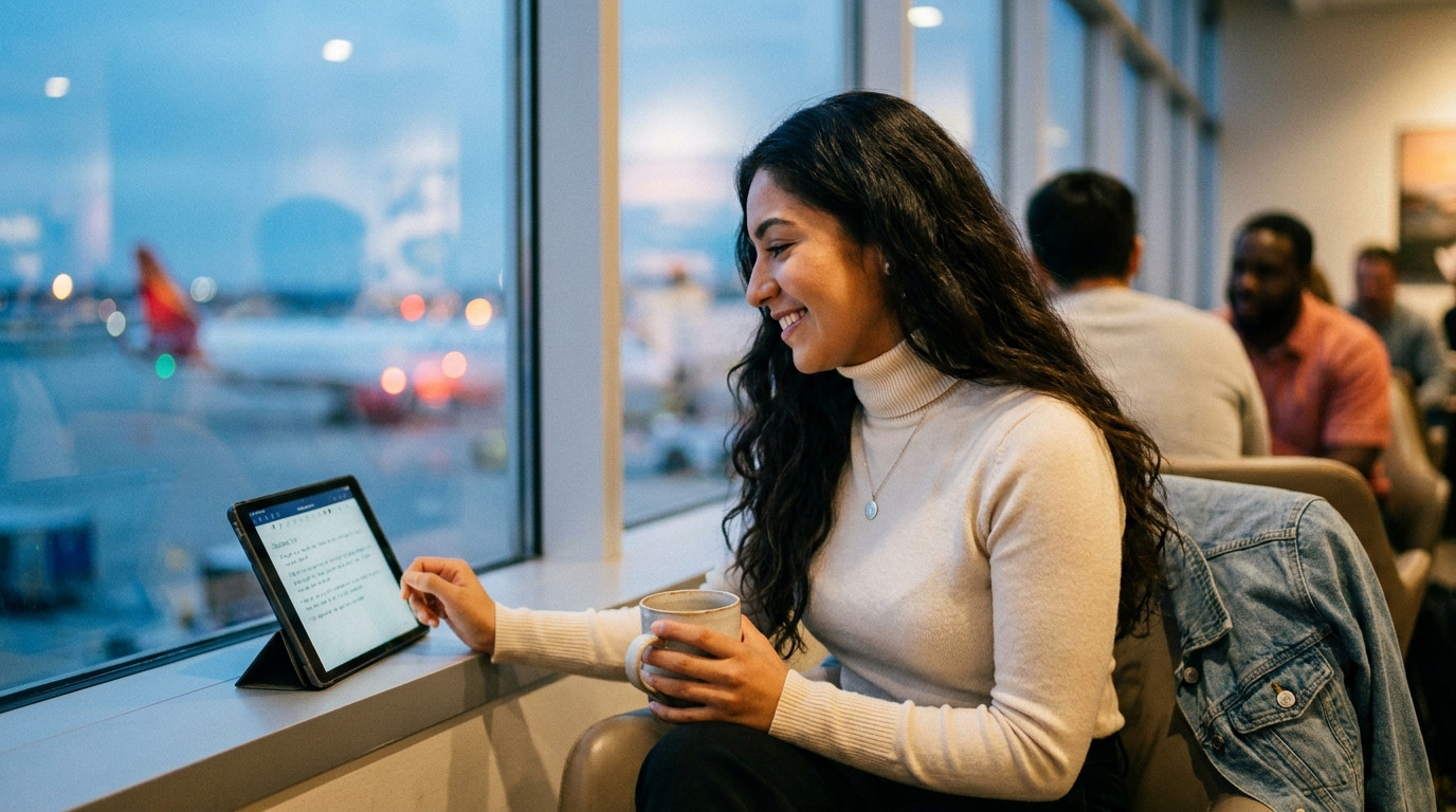 Student sitting alone in an airport-adjacent modern cafe, reviewing notes on a tablet propped against a window with blur