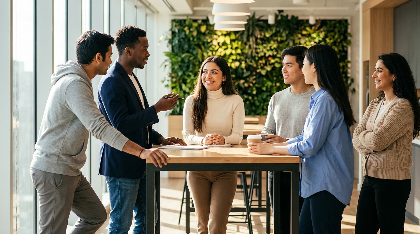 Four interns in distinctly different outfits gathered around a standing-height table in a bright modern office breakroom