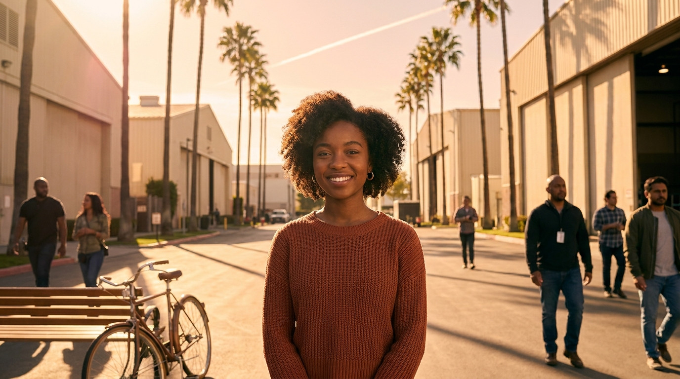 Wide exterior shot of a Burbank-style film studio lot at golden hour, palm trees lining a paved walkway between large so