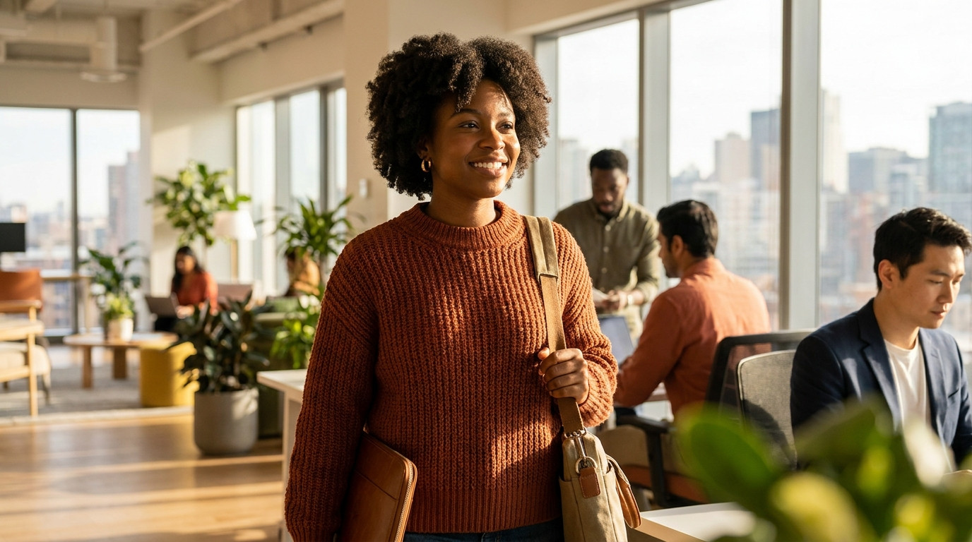 Student walking confidently through a modern open-plan office with floor-to-ceiling windows overlooking a sunny city sky
