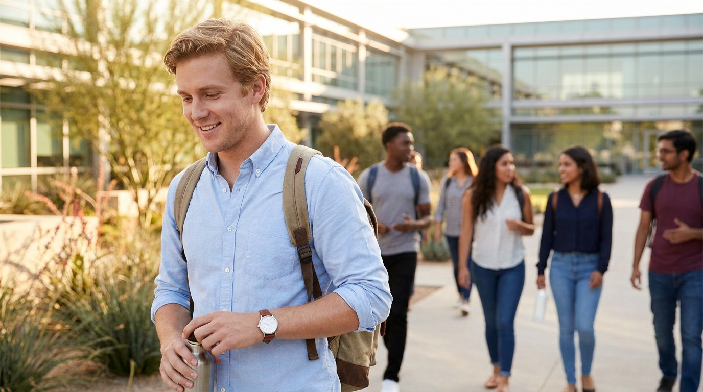 College engineering student in a light button-down walking through a modern corporate campus courtyard on a bright summe
