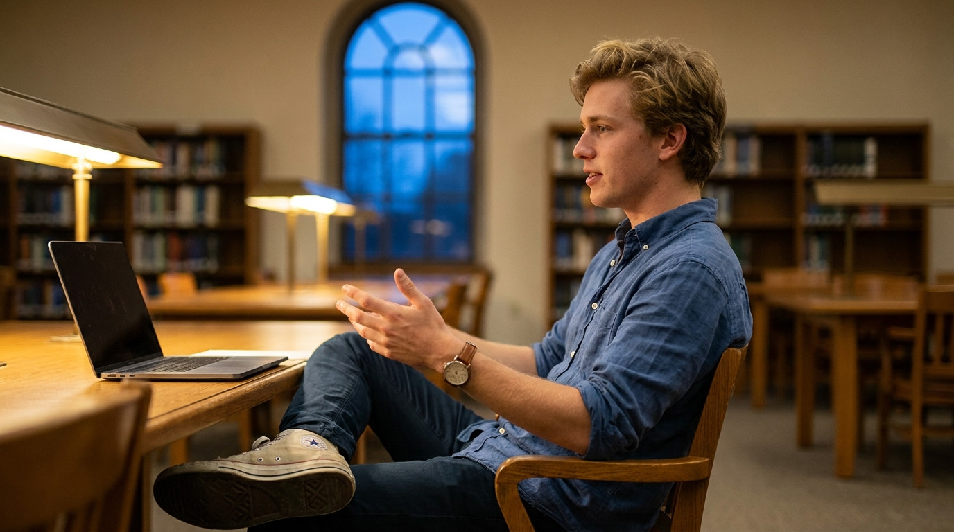 Student rehearsing interview answers alone in a quiet university study room at dusk, sitting upright facing a tall windo