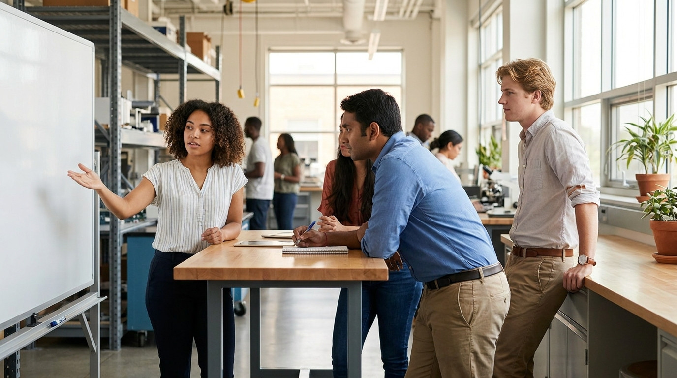 Two interns discussing work at a standing table inside a bright engineering lab with tall ceilings and natural light, on