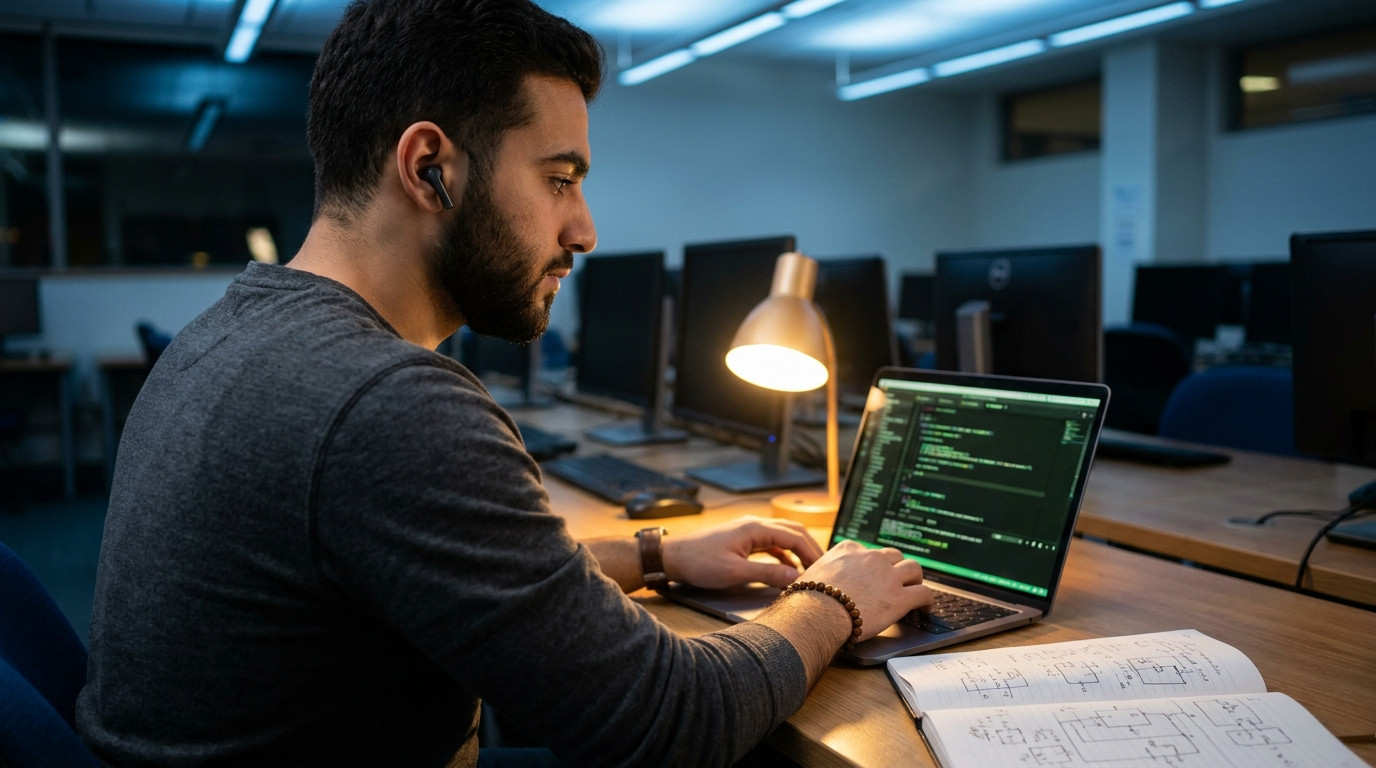 Student sitting alone in a university computer lab late in the evening, typing on a laptop with green terminal text on s