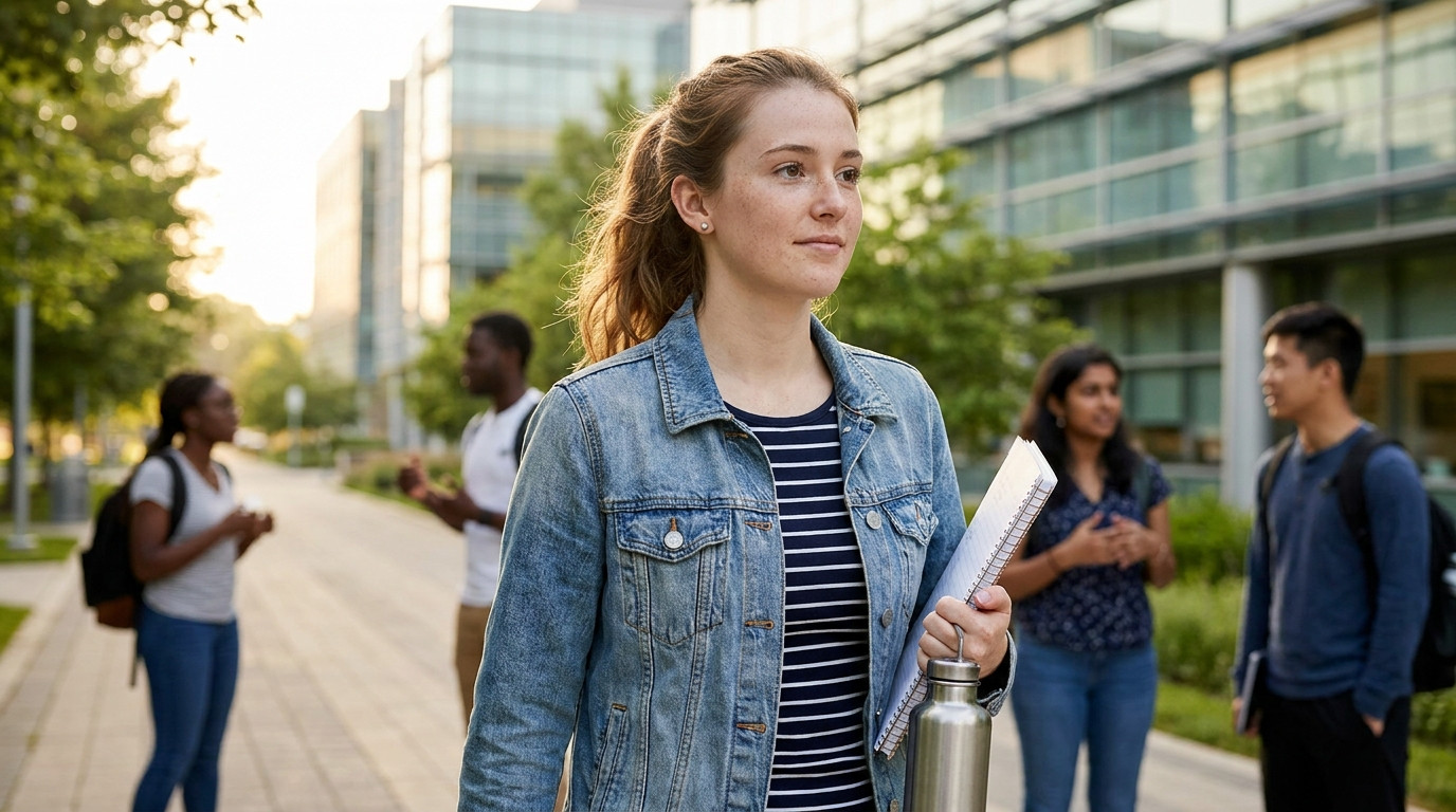 College student walking through a sunlit pharmaceutical research campus courtyard on a June morning, modern glass lab bu