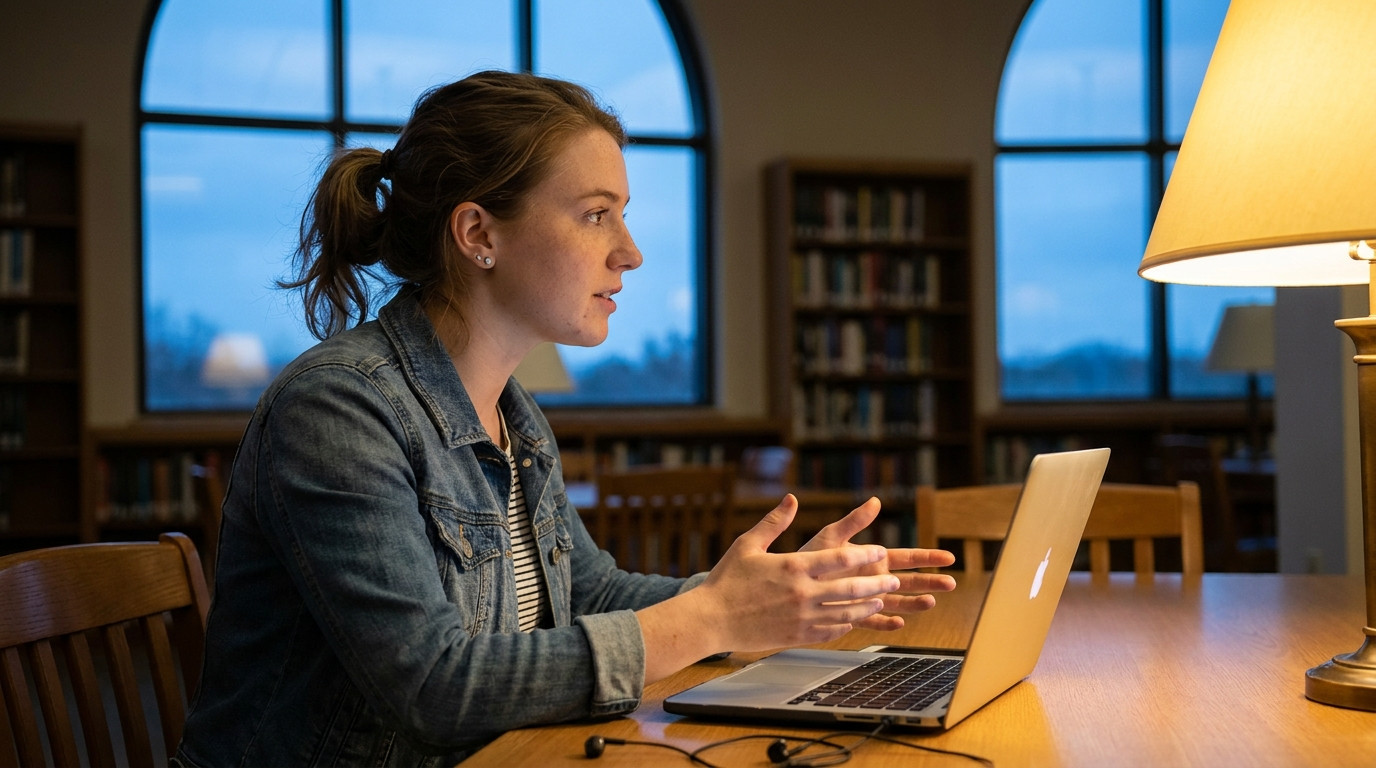 Student practicing an interview answer alone in a quiet study room at dusk, sitting upright facing a tall window, hands 