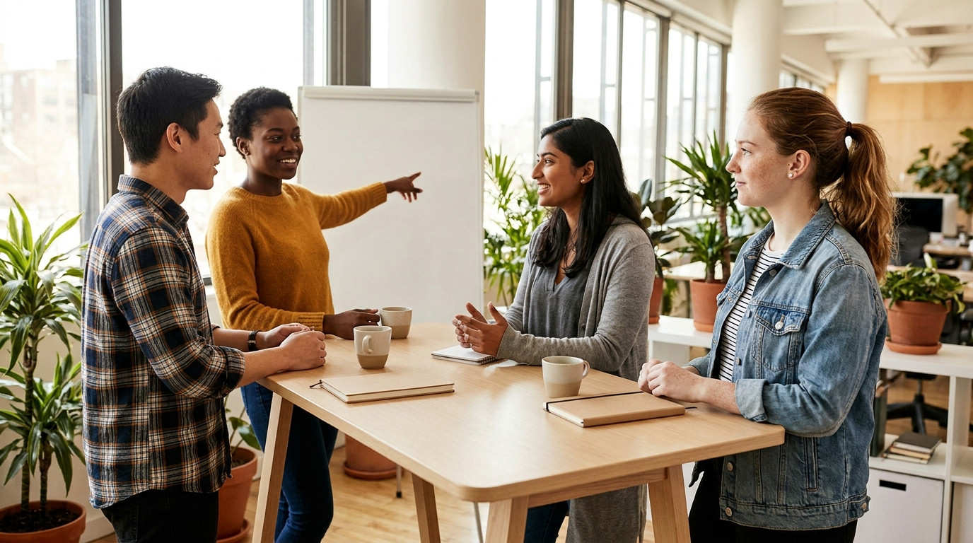 Three interns discussing a project around a standing-height table in a bright open-plan office with tall plants and floo