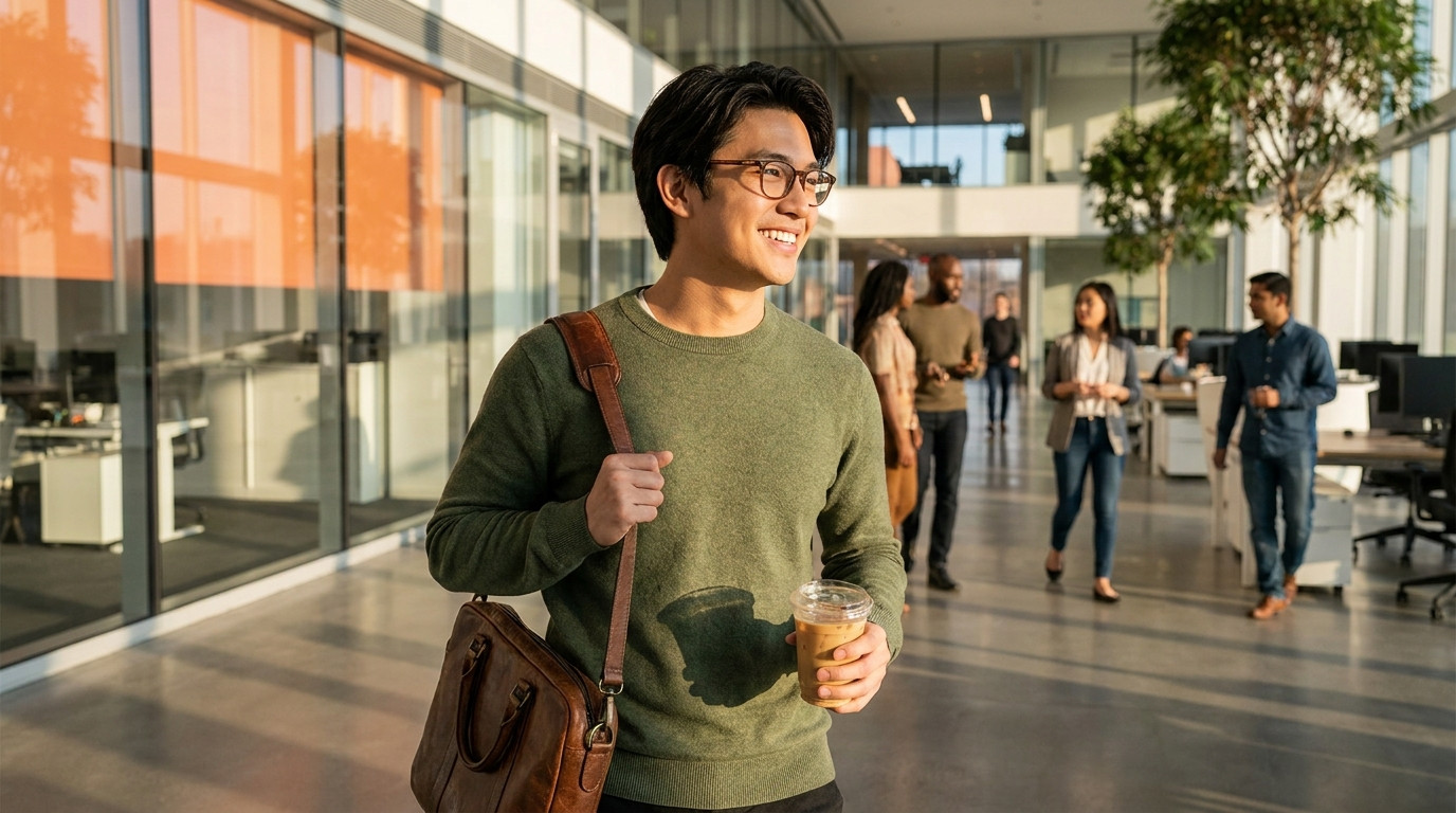 Young professional walking through a modern corporate atrium with floor-to-ceiling glass walls, carrying a laptop bag an
