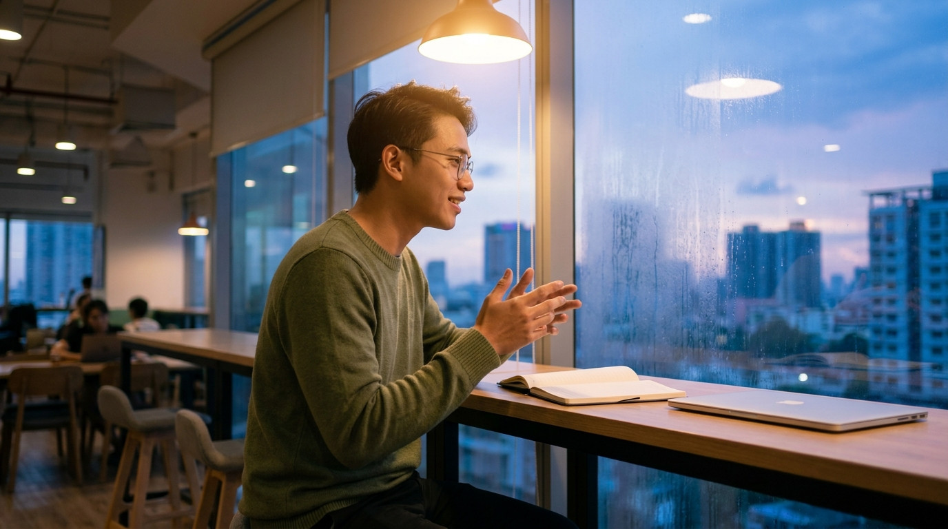 Student practicing an interview answer alone in a quiet co-working space, sitting at a high table near a large window wi