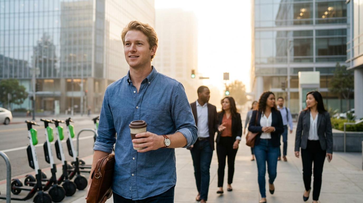 Wide shot of a young professional walking down a San Francisco sidewalk at golden hour, modern glass office buildings an