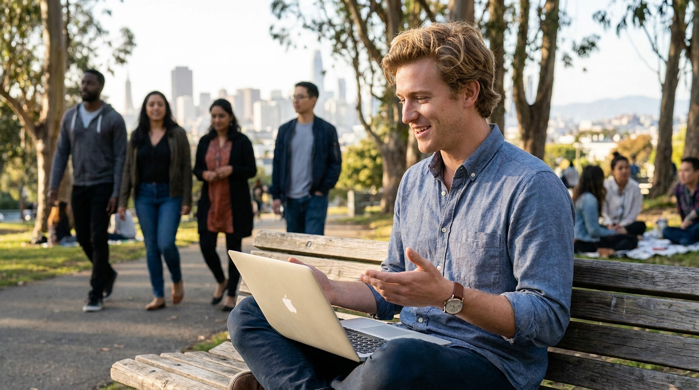 Student sitting cross-legged on a bench in a sunlit San Francisco park, laptop open on their knees, one hand mid-gesture