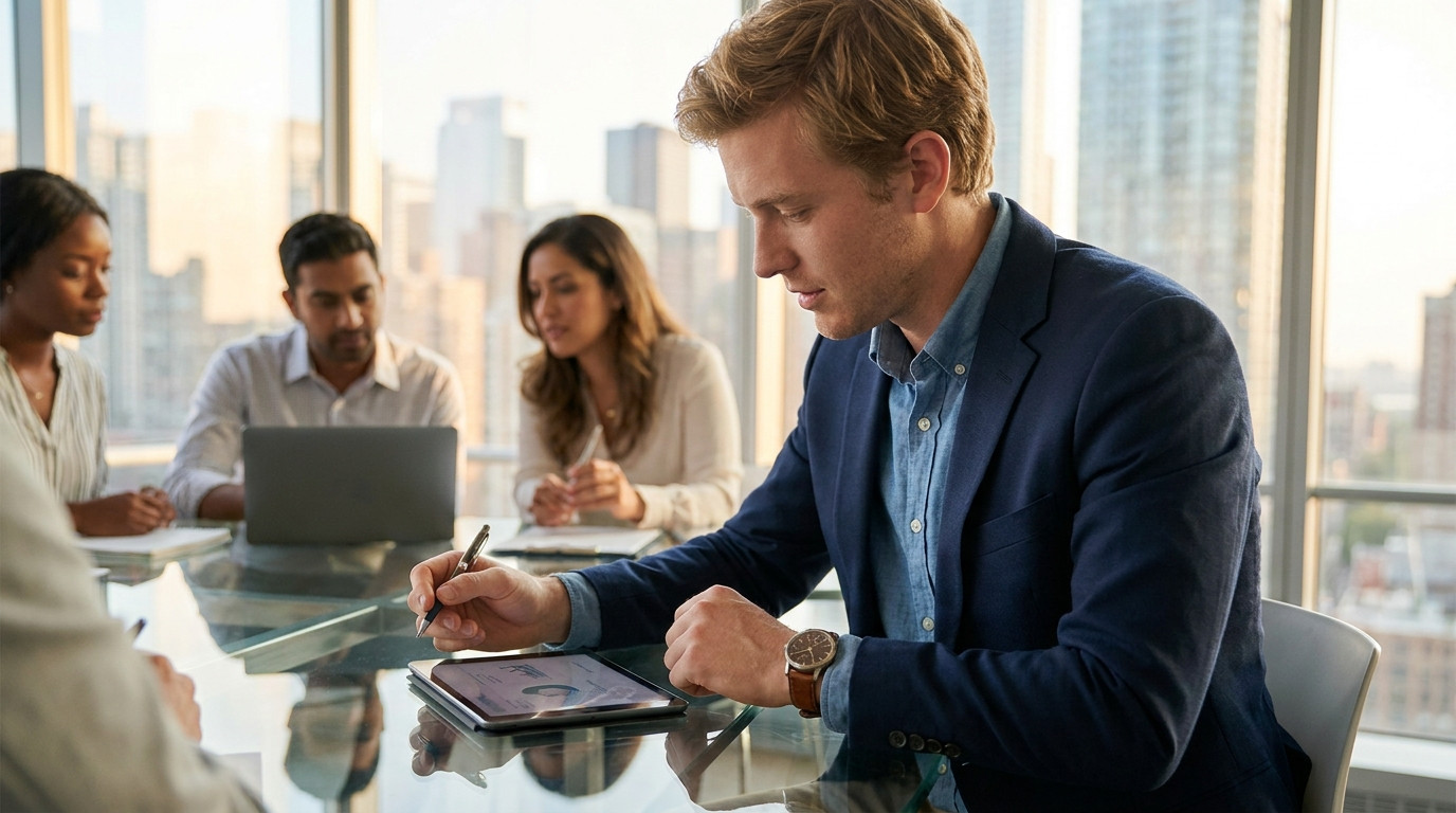 Young professional in a fitted navy blazer reviewing a slide deck on a glass conference table in a modern high-rise offi