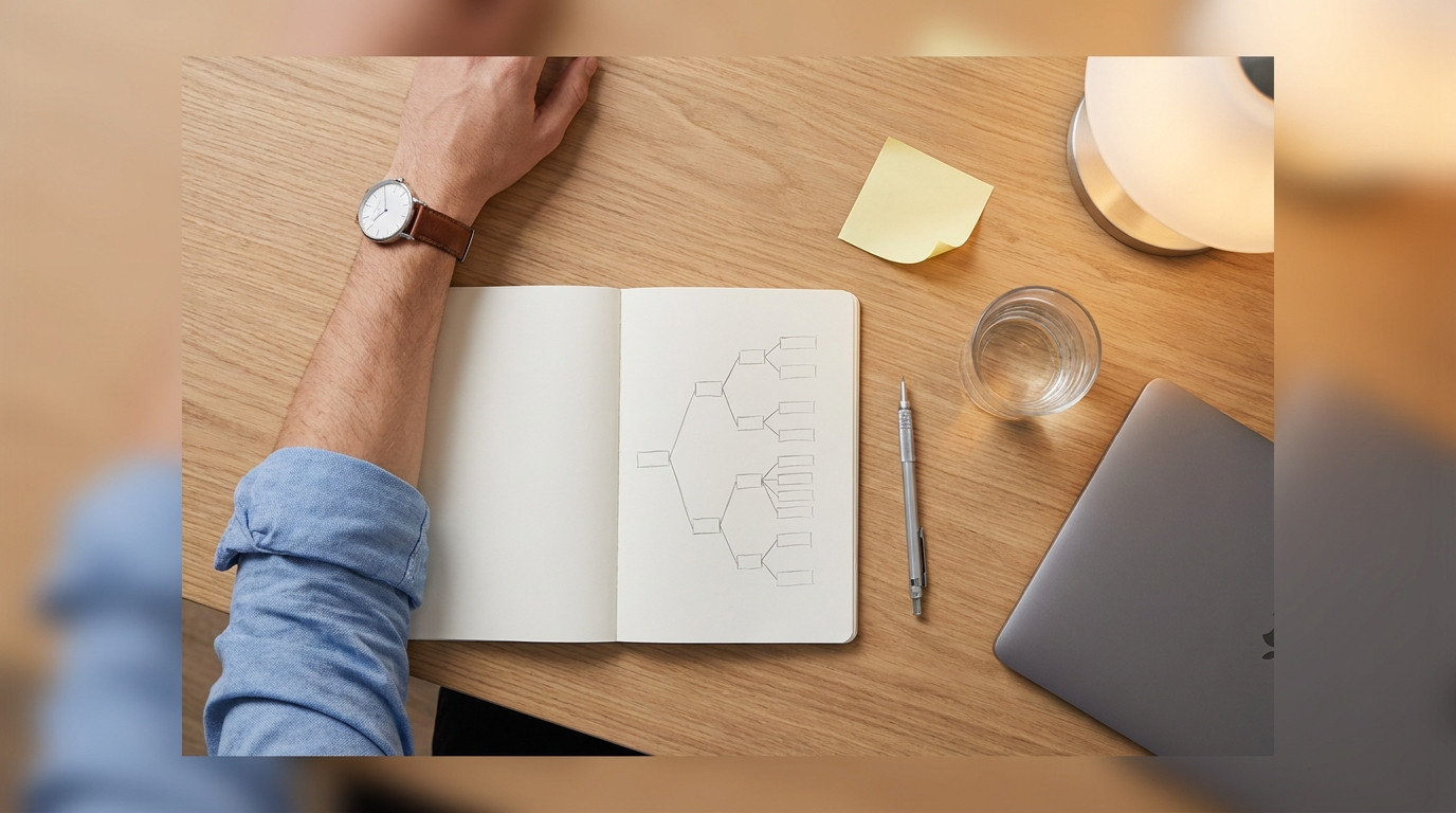 Overhead close-up of an organized workspace for case interview prep: a clean notebook open to a hand-drawn framework tre