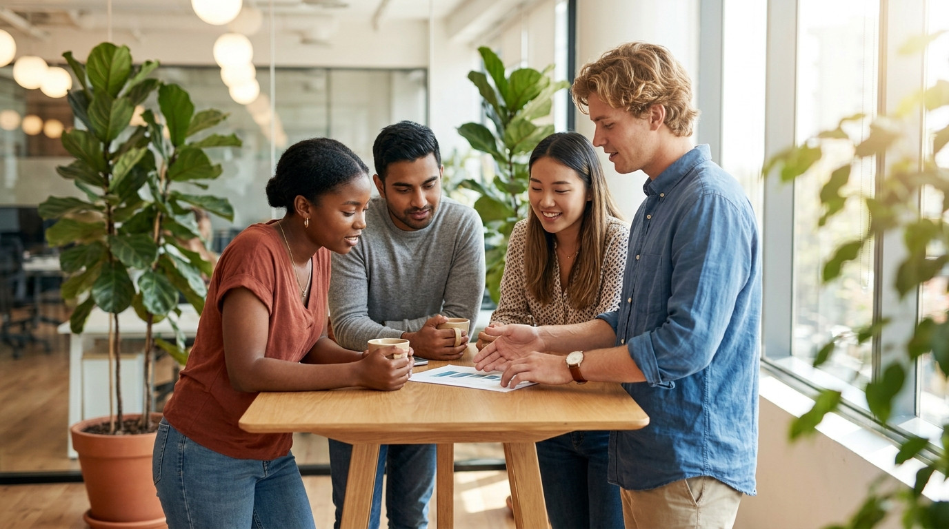 Three interns collaborating around a standing-height table in a bright open-plan office, one pointing at a printed chart