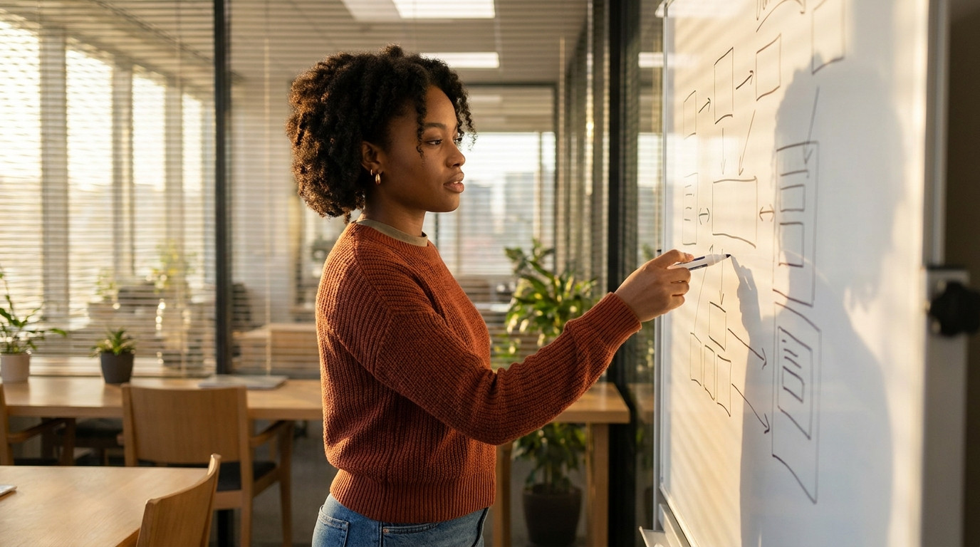 Student practicing a whiteboard explanation alone in a quiet study room with floor-to-ceiling glass walls, standing at a