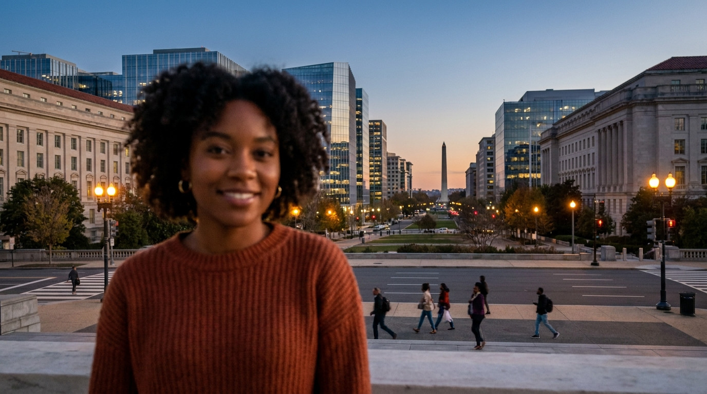 Panoramic view of a tech district skyline at dusk with government buildings and modern glass towers side by side, the Wa