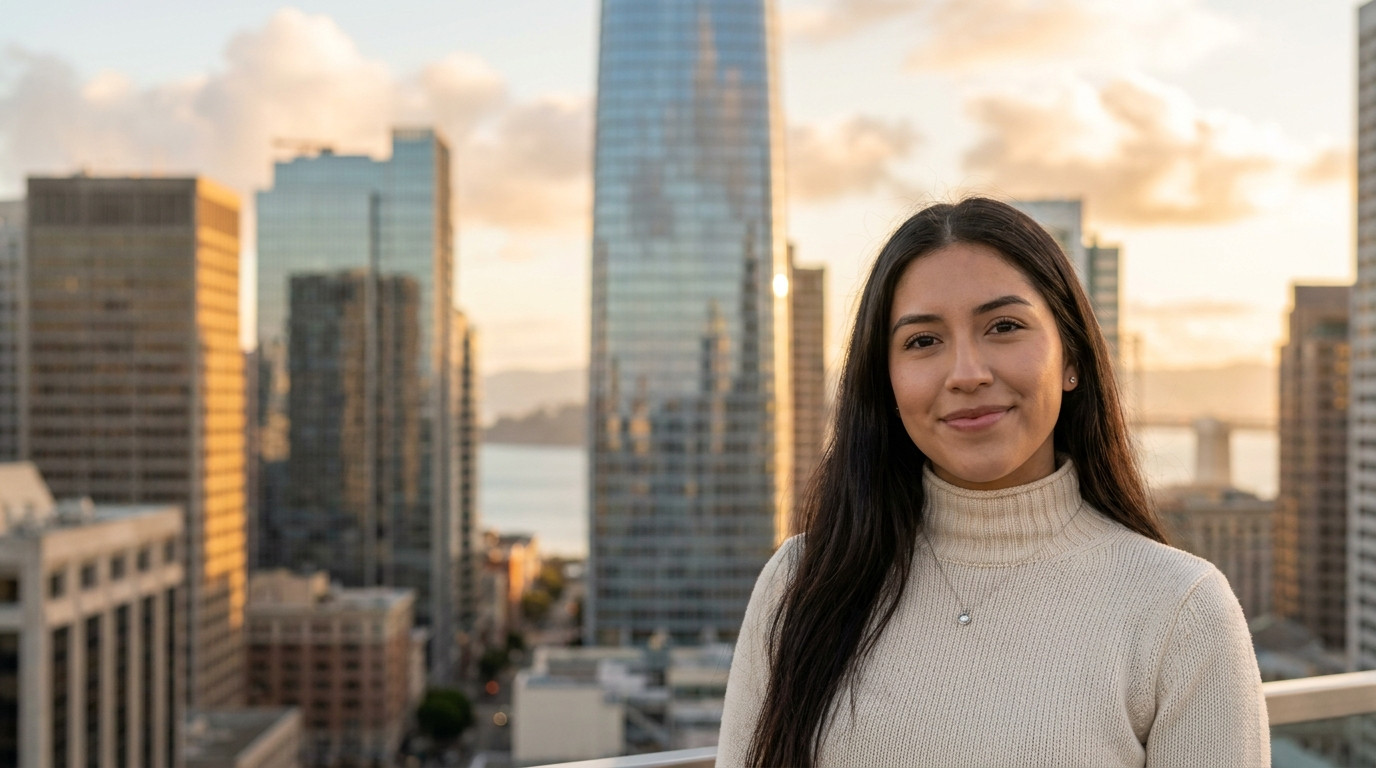 Elevated wide shot of San Francisco's Financial District skyline at golden hour, cloud formations catching warm light ab