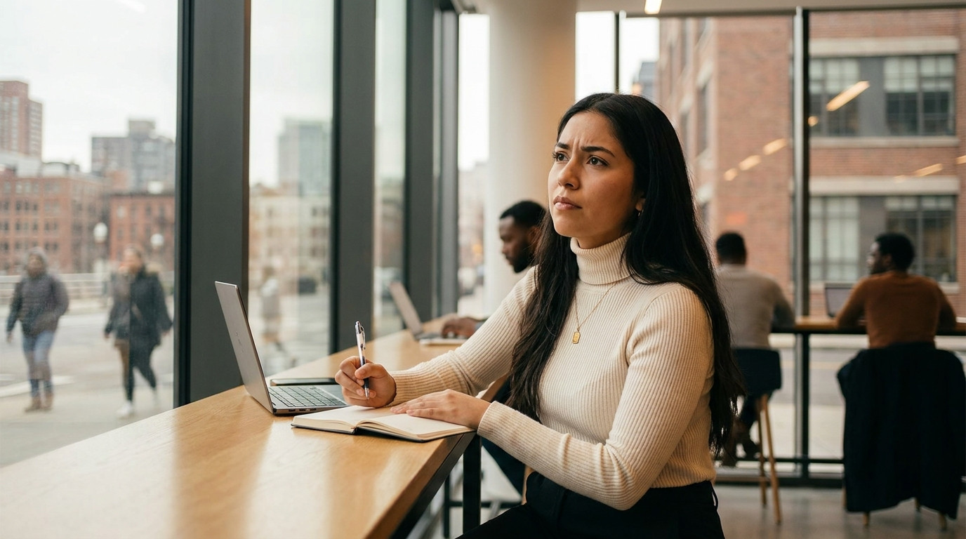 Student sitting alone at a high table in a modern co-working space, laptop open and leaning forward mid-thought with a p