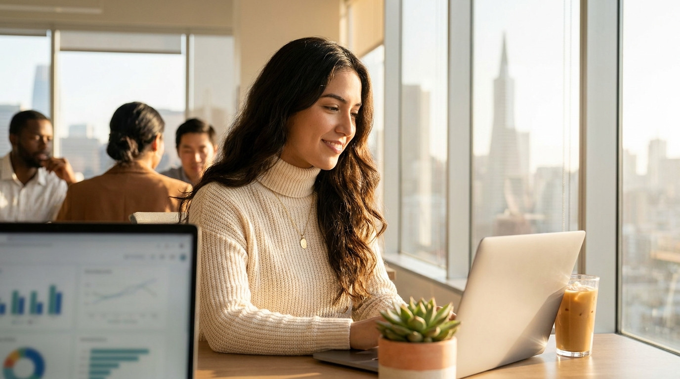 Young professional sitting at a sunlit desk reviewing consumer trend data on a laptop, modern open-plan office with floo