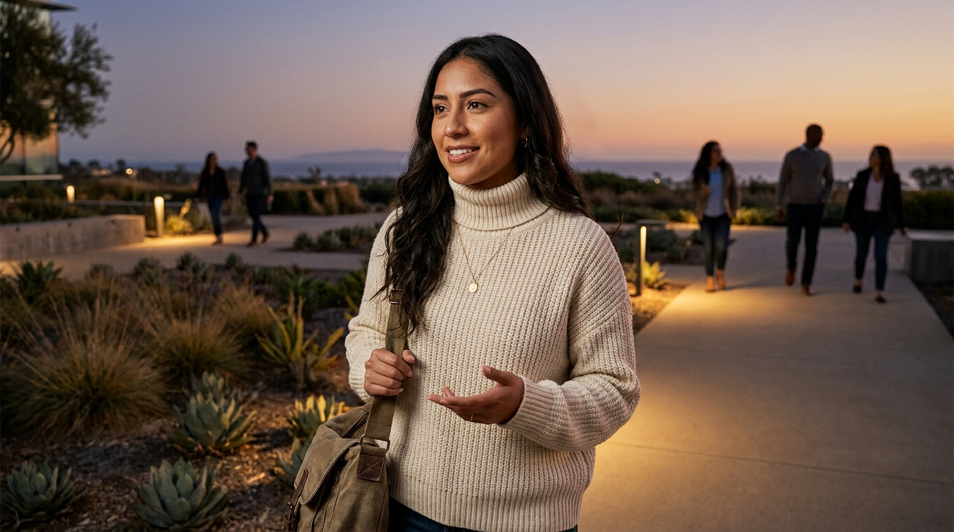 Student walking through a modern corporate campus courtyard in the early evening, carrying a canvas messenger bag, clean